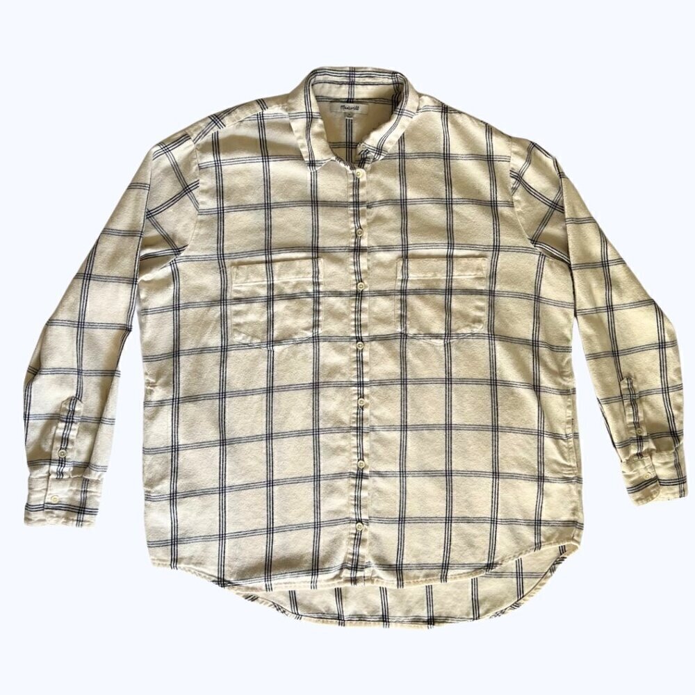 Madewell Women's Blue & White Windowpane Plaid Flannel Long Sleeve Shirt -Size M